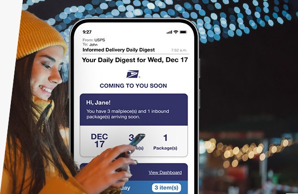 A woman viewing previews of her incoming letter-sized mail in an Informed Delivery Daily Digest email on her phone.
